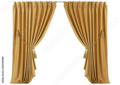 Brown striped curtains closed on a window with folds and texture isolated on transparent background