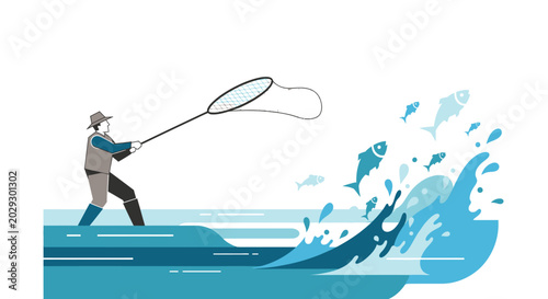 Fisherman Catching Abundant Fish with Net in Water.