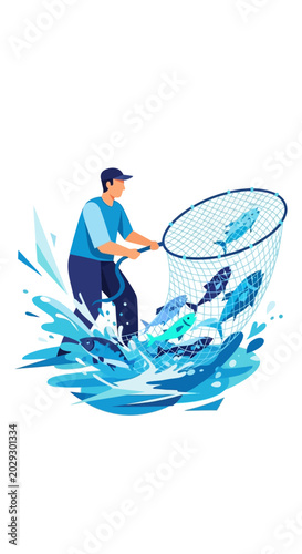 Fisherman Catching Fish With Net in Water.