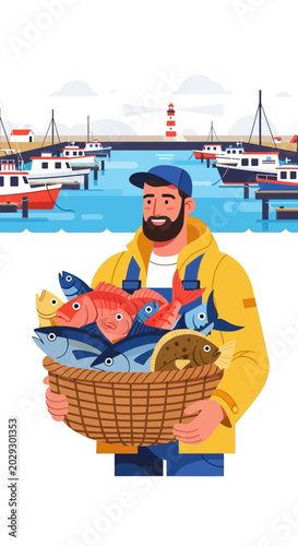Fisherman holding basket full of fresh fish catch.