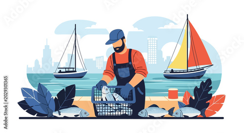 Fisherman holding basket full of fresh fish catch.