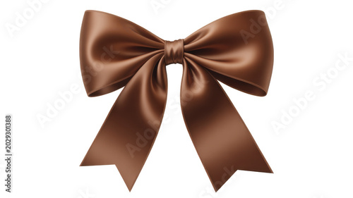 Brown satin gift bow ribbon with pink center on present box isolated on transparent background