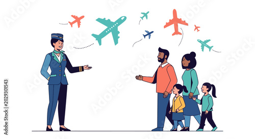 Flight attendant assisting a family with travel plans.