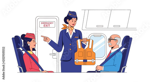 Flight attendant demonstrates safety equipment to passengers on airplane.