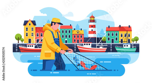 Fisherman in yellow coat casting net in water.
