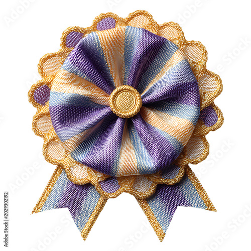 Decorative Fabric Award Rosette with Gold Trim. Purple. Blue and Orange Stripes