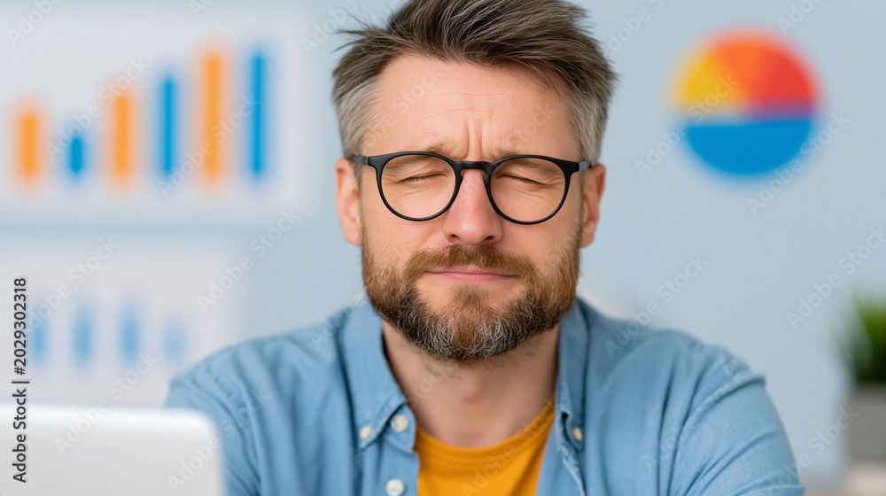 Fototapeta premium Male office worker with glasses and beard squints while sitting at desk with laptop, colorful charts and graphs visible on the wall behind him