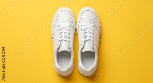 A pristine pair of white sneakers rests neatly on a vibrant yellow surface