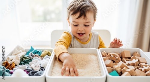 Toddler playing with sensory bins filled with sand, colorful fabrics, and wooden blocks. Interaction with sensory bins promotes exploratory learning and engages creativity.