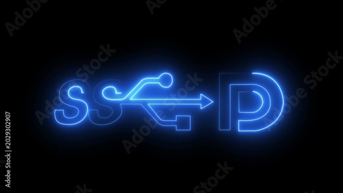 Futuristic SSD technology concept with glowing neon icons representing business growth success and innovation on a dark blue digital background. 4k video motion graphic animation .
