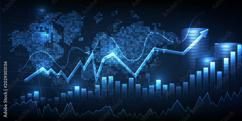 Naklejka premium Vector illustrations of abstract world economics background with coins stack and stock market growth graph or chart on world map.