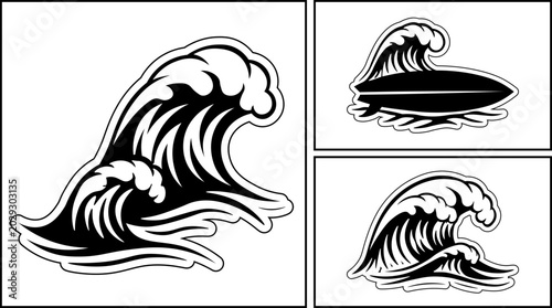 Photography Surfing wave sticker vector set black silhouette icons with surfboard