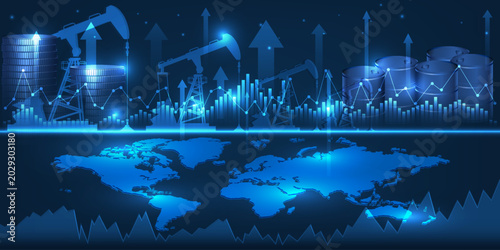 Fotografie Vector illustration of brent crude oil market with financial growth charts,oil pump unit and tank for global economic artwork and backgrounds