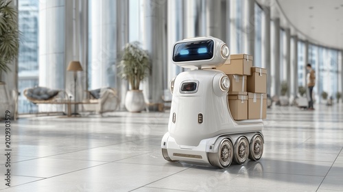 State-of-the-art automated robots deliver documents within a luxurious office building; a concept of advanced office technology.