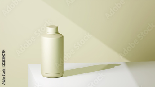 Fotografia sickly colored drinking bottle placed on a white table, placed in front of a sic