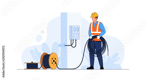 Professional Electrician Inspecting Electrical Cables and Equipment Outdoors.