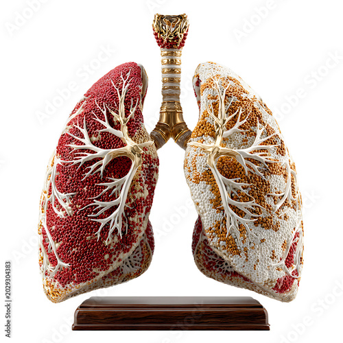 Exquisite 3D render of human lungs with trachea. detailed alveoli texture. ornate gold accents. on