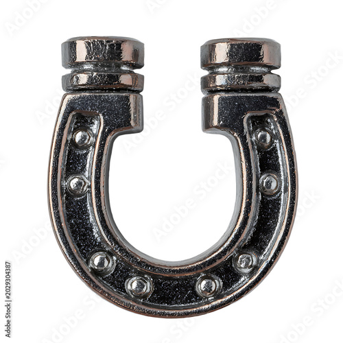 Close up metallic horseshoe magnet with decorative rivets.. symbolizi