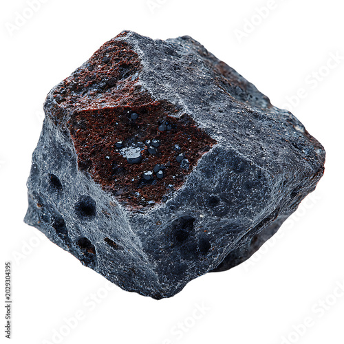 Dark porous mineral sample with metallic inclusions. close up studio shot