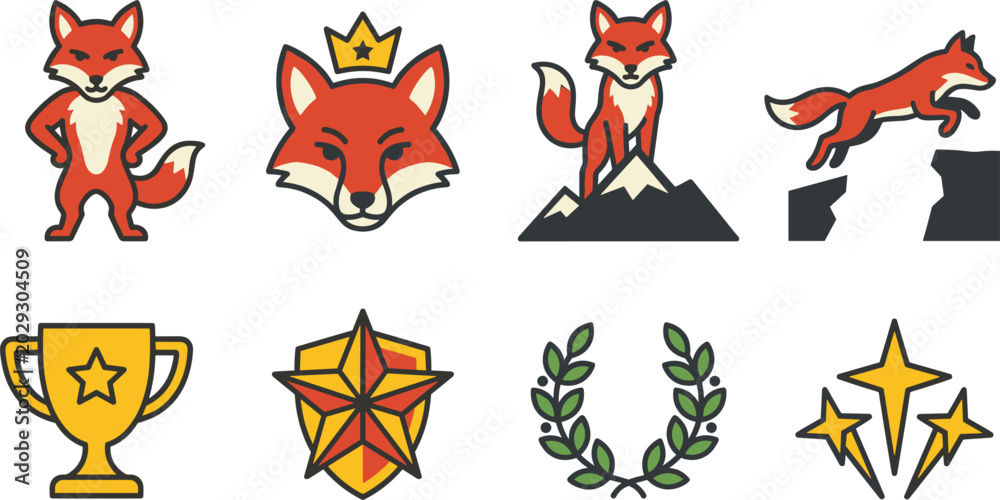 Obraz premium Fox Mascot and Achievement Icon Set with Crown, Trophy, Shield, Laurel Wreath, and Mountain Climbing Symbols for Gaming Badges and Logos