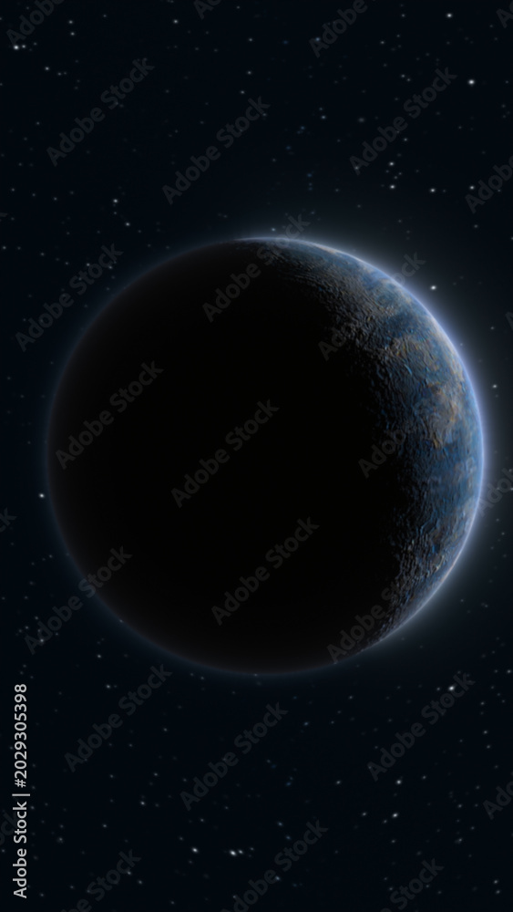 Fototapeta premium Dark planet with glowing rim light against a starry deep space background, evoking mystery, astronomy, and cosmic exploration.