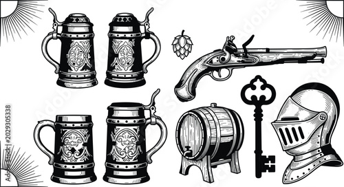 Foto Vintage Medieval Pub Icon Set with German Beer Mugs Flintlock Pistol Wooden Barr