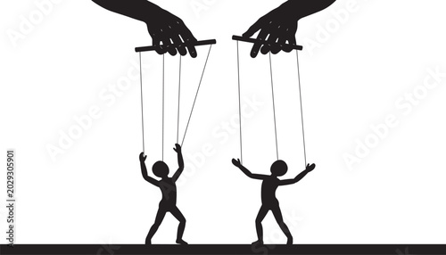 Foto Puppet Master Controlling Human Marionettes Silhouette Representing Manipulation