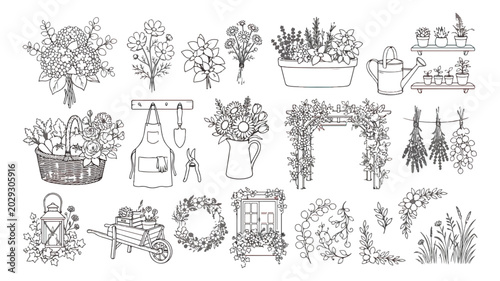 Foto Hand drawn garden line art collection, floral gardening icons and botanical sket
