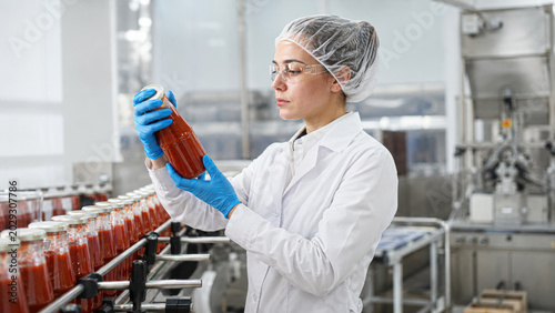 A quality control technician inspects bottled tomato sauce on a production line in a modern food processing factory.
