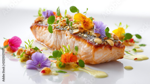 seared trout fillet with almond flakes on a plate