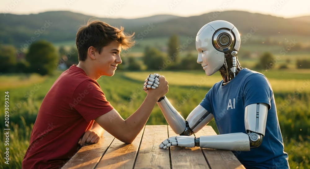 Fototapeta premium Young man and robot engaging in arm wrestling outdoors during sunset