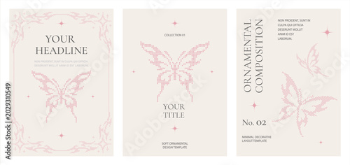 Cyber Butterfly Decorative Poster Templates in Soft Pink and Gray Colors. Futuristic Y2K Vector Layout Collection with Pixel Ornament Details.