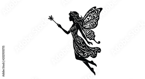 fairy silhouette with ornate wings on white background