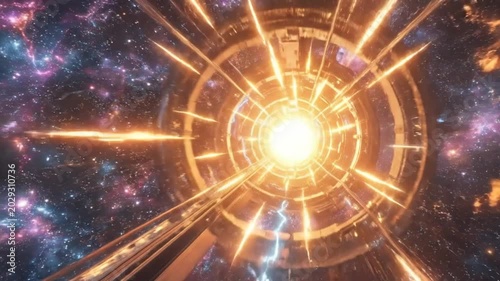 Futuristic space tunnel with bright light at the end of the corridor