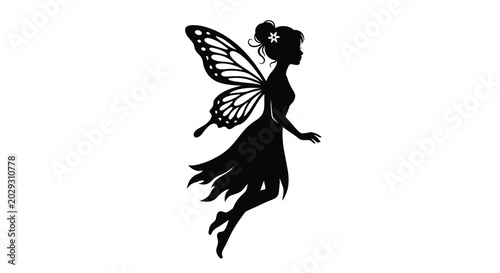 fairy silhouette with butterfly wings on white background