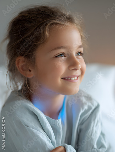 Smiling child patient with subtle light aura of comfort and hope, close up portrait of young girl resting in soft light, peaceful expression and gentle natural smile