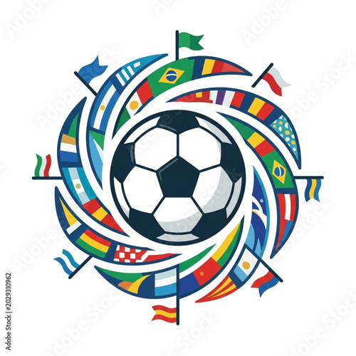 Soccer ball surrounded by international flags in a circular design.
