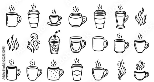 Cuadro en lienzo Collection of various coffee and tea cup illustrations with steam