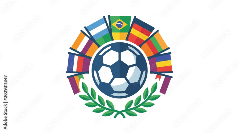 Obraz premium Soccer ball surrounded by international flags and laurel wreath.