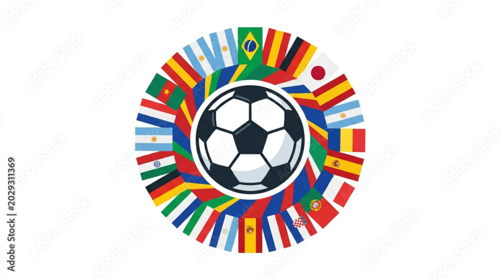 Obraz premium Soccer ball surrounded by international flags in a circle.