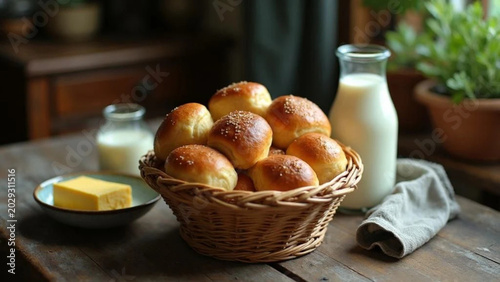 Fresh buns in wicker basket, piece of butter and milk. 