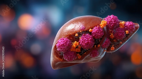 a highly detailed 3d render of a human liver affected by metastatic cancer. the liver is depicted in a glossy, reddish brown hue, with multiple large, irregular, fuchsia colored tumor