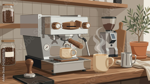 Espresso machine brewing coffee into mug. Home barista setup with roasted beans, grinder, tamper on wooden counter. Cozy morning coffee bar scene illustration