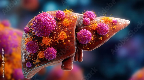 a highly detailed 3d render of a human liver affected by metastatic cancer. the liver is depicted in a glossy, reddish brown hue, with multiple large, irregular, fuchsia colored tumor 