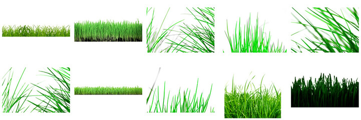 Transparent green grass tufts, lawn strips, grass blades and isolated turf borders set and collection for PNG overlay background design.