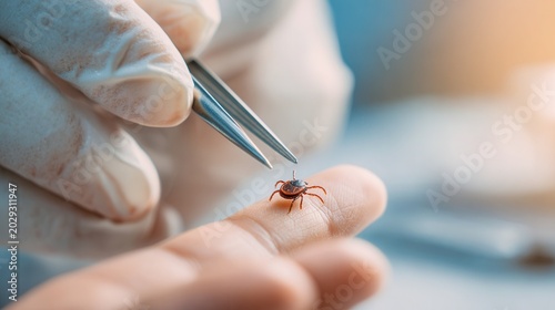 doctor carefully removing a tick from patient hand using medical tweezers during office visit, close-up of gloved hands and professional medical procedure in clean clinical setting