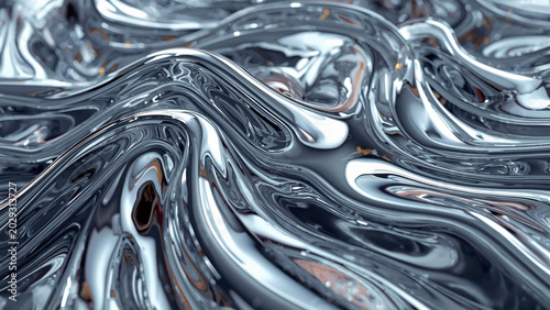 Liquid chrome abstract background, flowing molten silver metal texture, futuristic metallic waves with reflective surface, high-tech industrial backdrop
