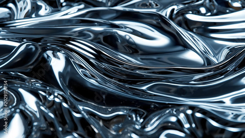 Liquid chrome abstract background, flowing metallic silver texture with ripples, futuristic molten metal surface for high-tech design