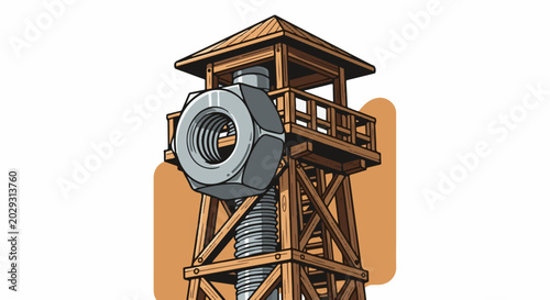 Wooden observation tower with a giant nut and bolt