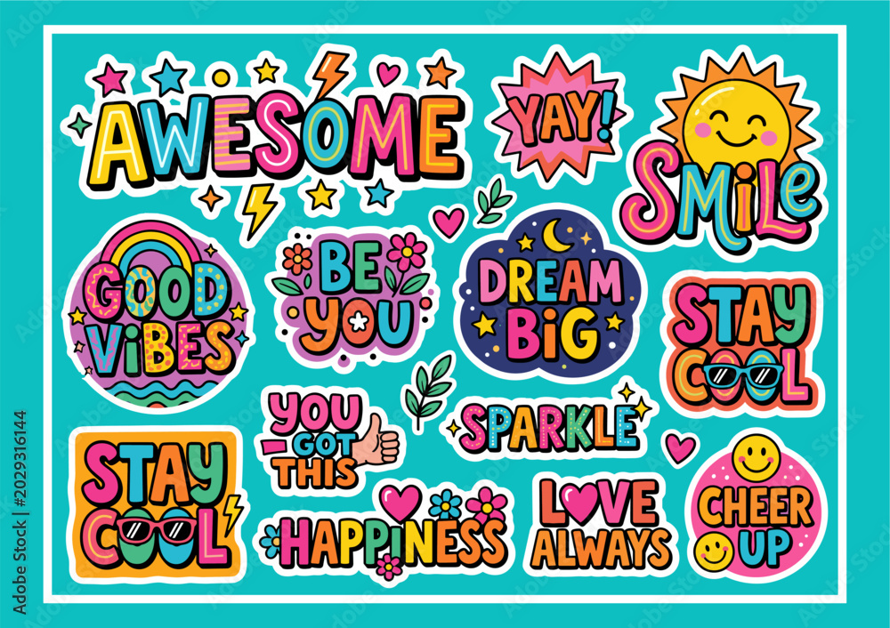 Fototapeta premium Vibrant collection of positive and motivational word stickers with cute illustrations like suns, rainbows, and hearts on a teal background.